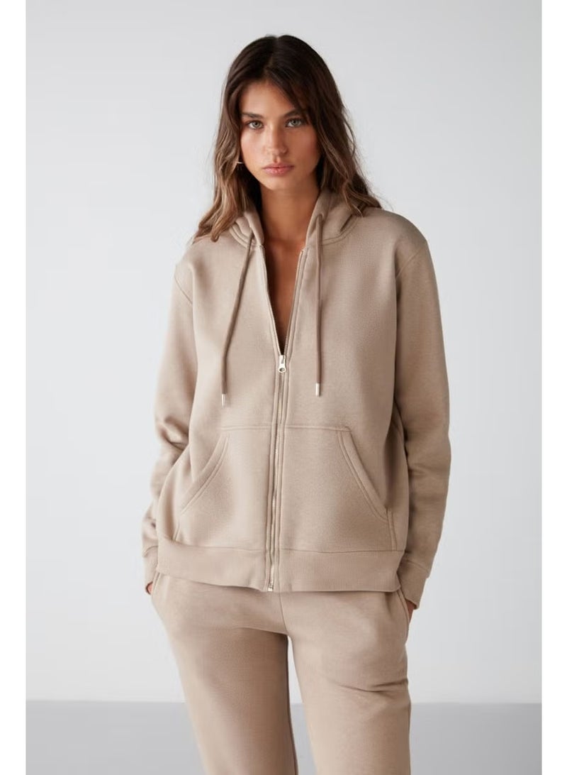 GRIMELANGE Carlota Women's Relaxed Pattern Hooded Zippered Mink Sweatshirt - Image 3